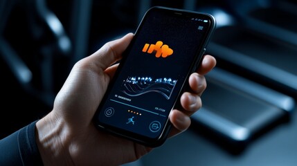 Fitness App Interface:  A hand holds a smartphone displaying a fitness app interface, showcasing real-time data, progress tracking, and motivational features. The app's design is sleek and user-friend