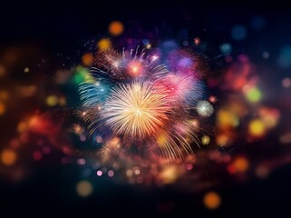 Fototapeta premium A colorful fireworks display explodes against a dark night sky, with blurred bokeh lights in the background.