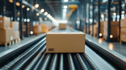 Package on Conveyor Belt in Warehouse