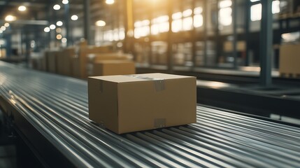 Package on Conveyor Belt in Warehouse