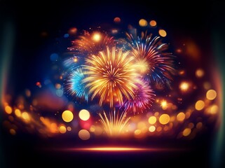 Obraz premium Bright colorful fireworks explode in the night sky with shimmering bokeh lights.