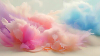 A soft abstract background with pink and rainbow hues featuring delicate bokeh effects, feather-like textures, and a watercolor design, evoking the beauty of nature and the softness of a fluffy boa