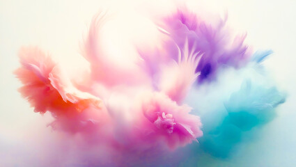 A soft abstract background with pink and rainbow hues featuring delicate bokeh effects, feather-like textures, and a watercolor design, evoking the beauty of nature and the softness of a fluffy boa