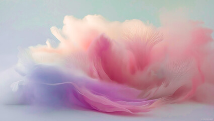 A soft abstract background with pink and rainbow hues featuring delicate bokeh effects, feather-like textures, and a watercolor design, evoking the beauty of nature and the softness of a fluffy boa