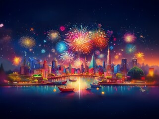 Naklejka premium A cityscape with colorful fireworks exploding over a calm body of water, with small boats floating on the surface.