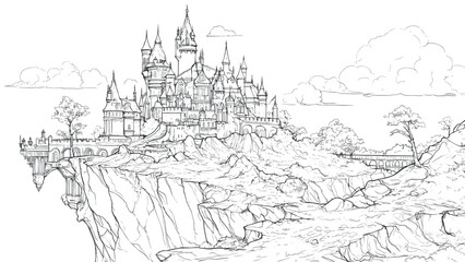 Obraz premium Fairy-Tale Castle on a Beautiful Cliff Coloring Book Page for Kids Magical Illustration Scenic Cliff Background Fun Fantasy Scene Drawing for Children Enchanted Fortress Art Page