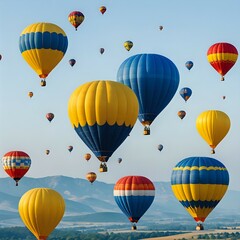 Obraz premium Colorful hot air balloons soaring through the sky during a festival, creating a vibrant and scenic view.