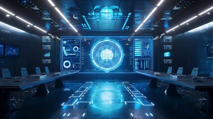 A high-tech meeting room where AI systems provide real-time business solutions. Concept Futuristic Technology, Business Problem Solving, Artificial Intelligence, Real-Time Analysis.