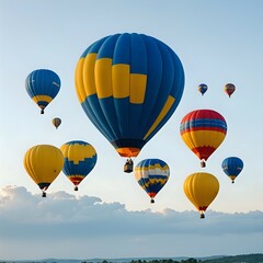 Obraz premium Colorful hot air balloons soaring through the sky during a festival, creating a vibrant and scenic view.