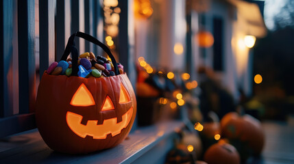 A pumpkin with a scary face sits on a porch railing