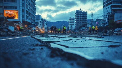 Rescue teams navigate cracked roads and debris after a devastating earthquake in a city