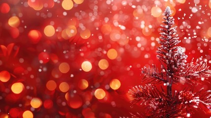 Holiday Background Red. Christmas Greeting Card with Xmas Tree and Sparkle Bokeh Lights on Red Canvas Background