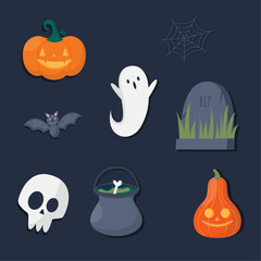 Happy Halloween Set of cute Halloween stickers with cat, spider, ghosts, vampire, witch, candles. Halloween, trick or treat. Vector illustration in flat style isolated.