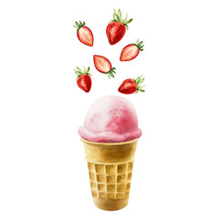 Strawberry ice cream with flying berries in crispy waffle cone. Hand painting sweet watercolor illustration isolated on background. For designers, menu, shop, decoration