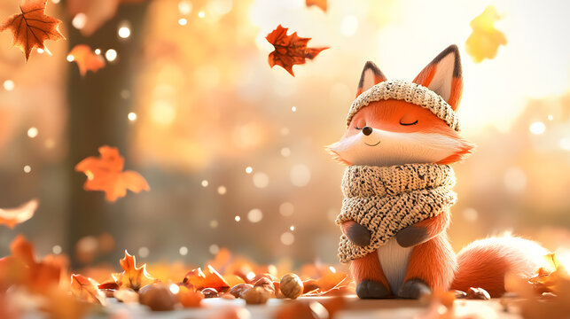 Fox with a scarf autumn forest Thanksgiving theme