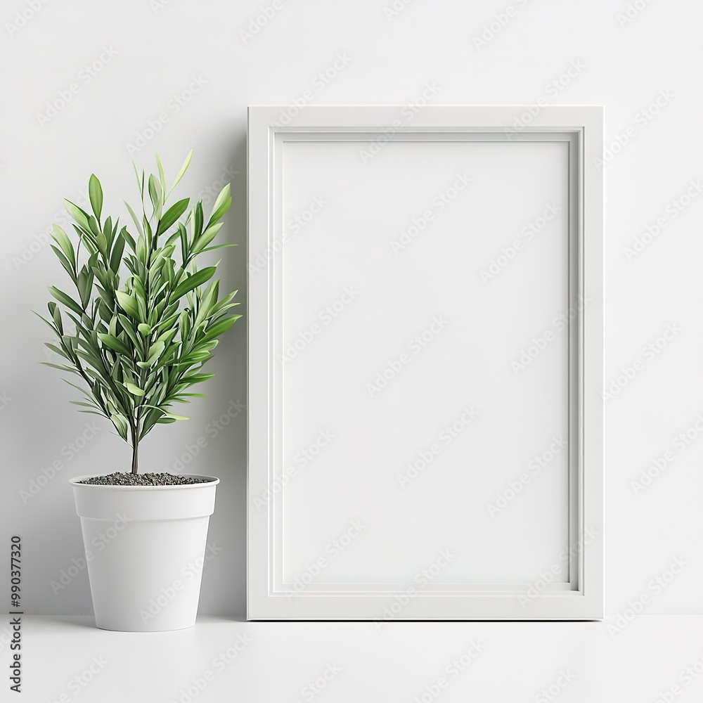 Poster Blank white frame with plant pot isolated mock up on white background 