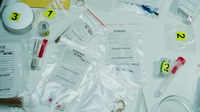 Close up top down shot of various pieces of evidence labeled with numbered markers, placed in plastic bags and test tubes on table in crime lab