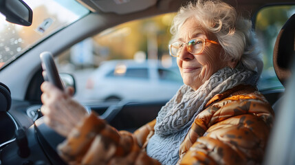 Happy senior woman driving car alone, holding smartphone and scrolling. Safe driving for elderly adults, older driver safety