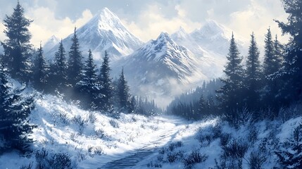Obraz premium Majestic Snowy Alpine Landscape with Winding Trail through Pristine Wilderness