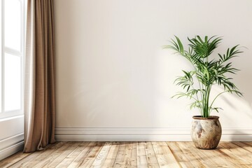 House White. Empty White Wall with Plant and Brown Curtain in Scandinavian Home