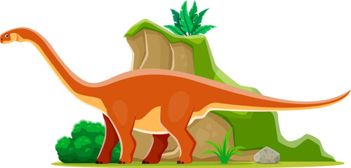 Cartoon prehistoric cetiosaurus dinosaur character. Isolated vector genius sauropod dino from the Middle Jurassic period. Ancient herbivore reptile animal with a long neck amidst prehistoric landscape © Vector Tradition
