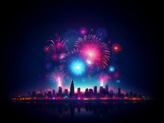 Obraz premium A city skyline illuminated by fireworks bursting in pink and blue against a dark night sky.