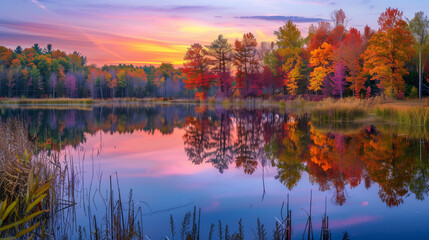 Fototapeta premium A breathtaking autumn sunset reflecting vibrant fall foliage on a serene lake, featuring colorful skies and tranquil water. 