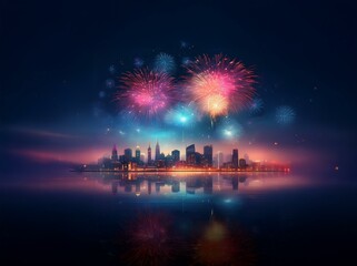 Naklejka premium A cityscape is silhouetted against a dark sky filled with colorful fireworks.