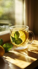 A glass cup of lemon and mint tea on the table, close-up shot