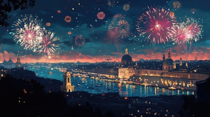 Naklejka premium New Year's Eve Celebrations in Major Cities Around the World, Generative AI