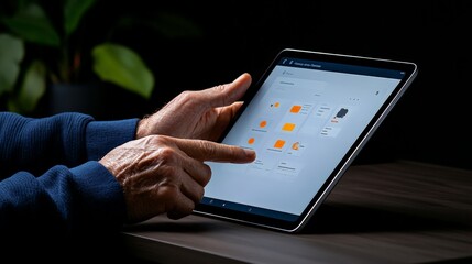 Elderly Hands Navigating a Tablet:  A close-up of wrinkled hands expertly navigating a tablet screen, highlighting the modern capabilities of older generations.  