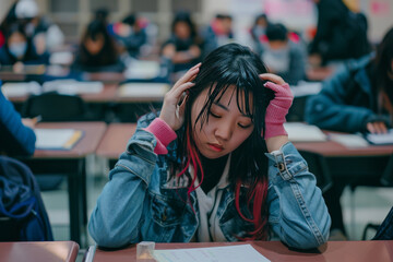 Young Asian student girl woman with black hair and red highlights, wearing a denim jacket, is sitting in the classroom at the university. She has her hand on her face, looking bored, and depressed.