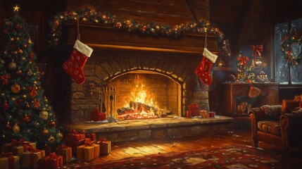 Obraz premium A Heartwarming Christmas Scene with a Cozy Fireplace, Stockings, and Family Enjoying the Warm Glow Together
