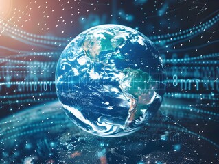 Digital Matrix Surrounding Interconnected Planet Earth Concept  Representing the Fusion of Technology and Nature