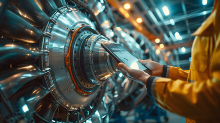 High-Tech Futuristic Technology Concept Visualization Of Futuristic Airplane Engine Maintenance Conducted by Engineer Holding Digital Tablet Computer. VFX of Analytics Checking th