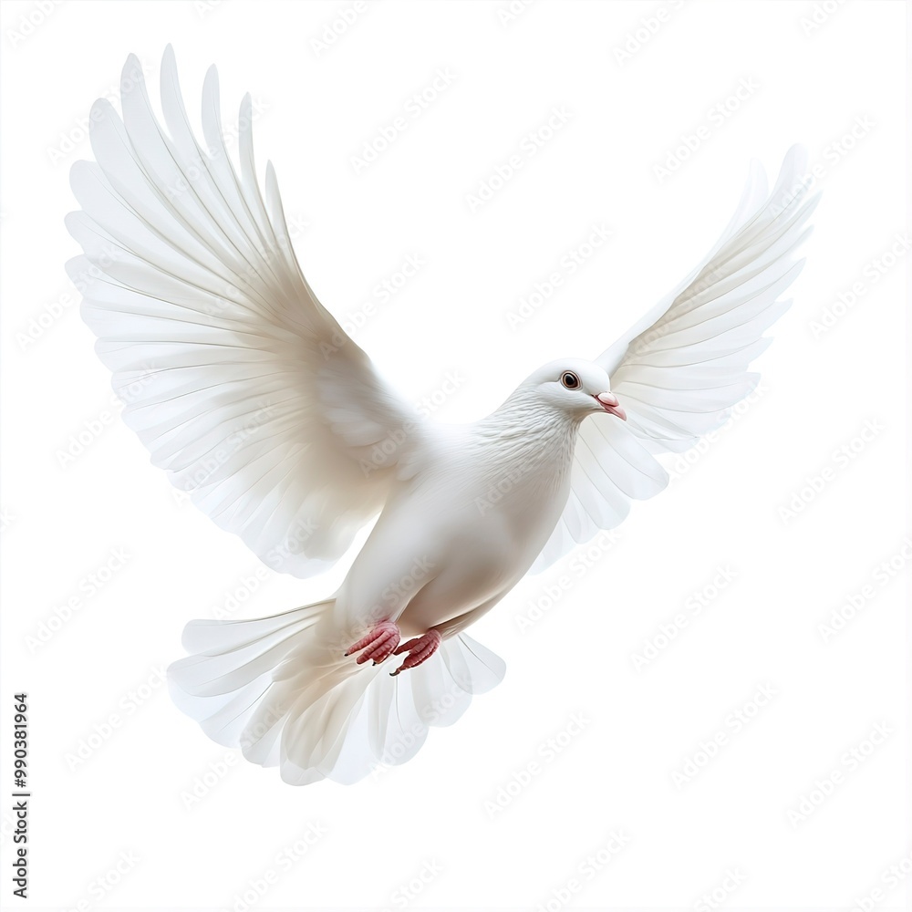 Poster A free flying white dove isolated on a white background 