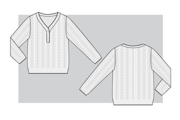 Knitted sweater v-neck with braids and buttons. Technical scketch.