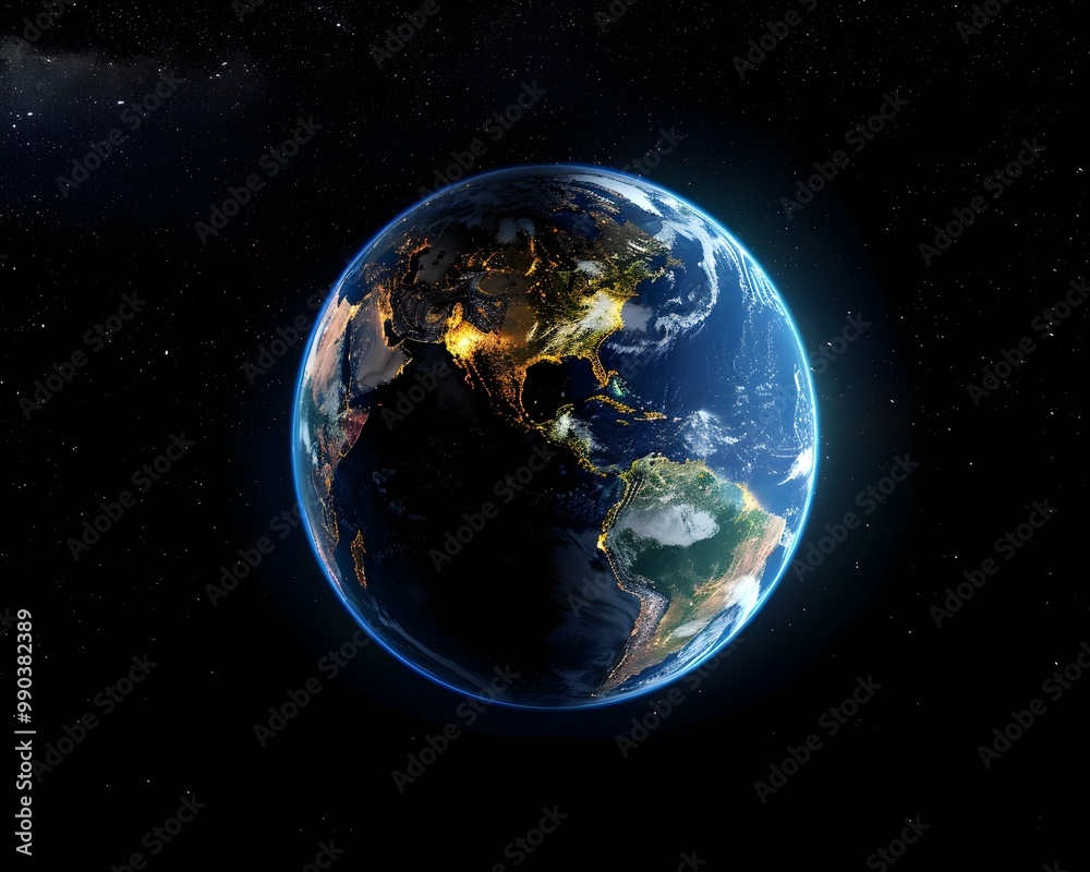 Wall mural detailed view of planet earth with illuminated and shadow hemispheres