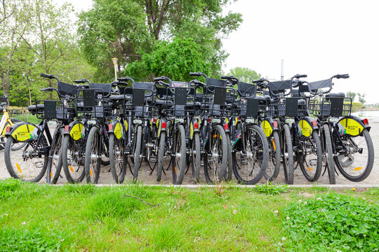 Constanta, Romania - 15.05.2023: City bikes parked together for rent.