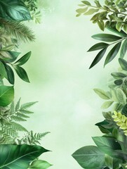 A serene green background framed by various leafy textures, creating a fresh and natural atmosphere.
