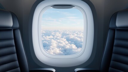 Naklejka premium Airplane Window View Above Soft Clouds