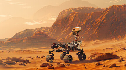 A Mars rover with two wheels and a lander on the surface of Mars, surrounded by desert dunes. In the background is a tall mountain range in orange sandstone.