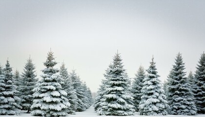 Snow-covered Christmas trees lined up under a white sky, with twinkling lights adding a magical and festive atmosphere to the serene winter landscape