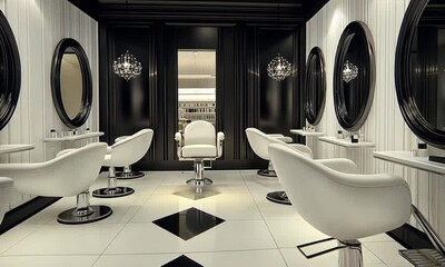 A modern hair salon featuring stylish chairs and mirrors in a chic black and white design.