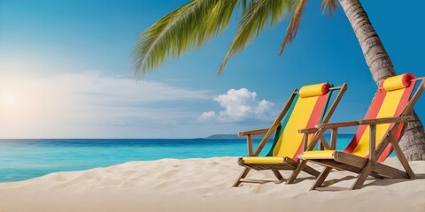 Bright blue sea, white sandy beach, clear sky and chairs. Summer beach holiday activity concept