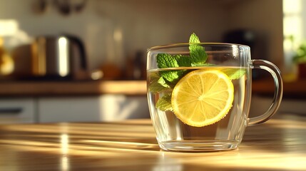 A glass cup of lemon and mint tea on the table, close-up shot