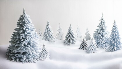 Obraz premium White background with a hand-painted winter forest motif, featuring Christmas trees and snow, creating a serene and festive holiday scene