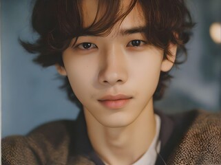 Close-up Portrait of Cute Korean Man with Trendy Hairstyle and Outfits Looking at Camera Portrait