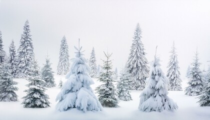 Fototapeta premium White background with a hand-painted winter forest motif, featuring Christmas trees and snow, creating a serene and festive holiday scene