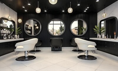 Modern salon interior featuring stylish chairs and round mirrors with a city view.